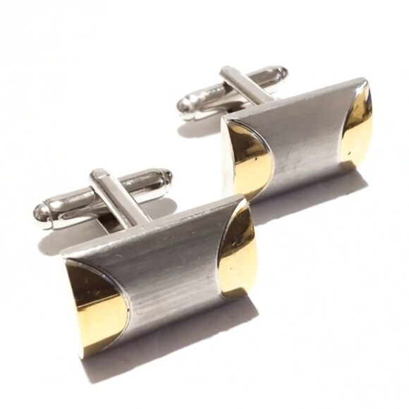 Men's Vintage Brushed Silver And Gold Tone Cuff Links - Picture 1 of 4